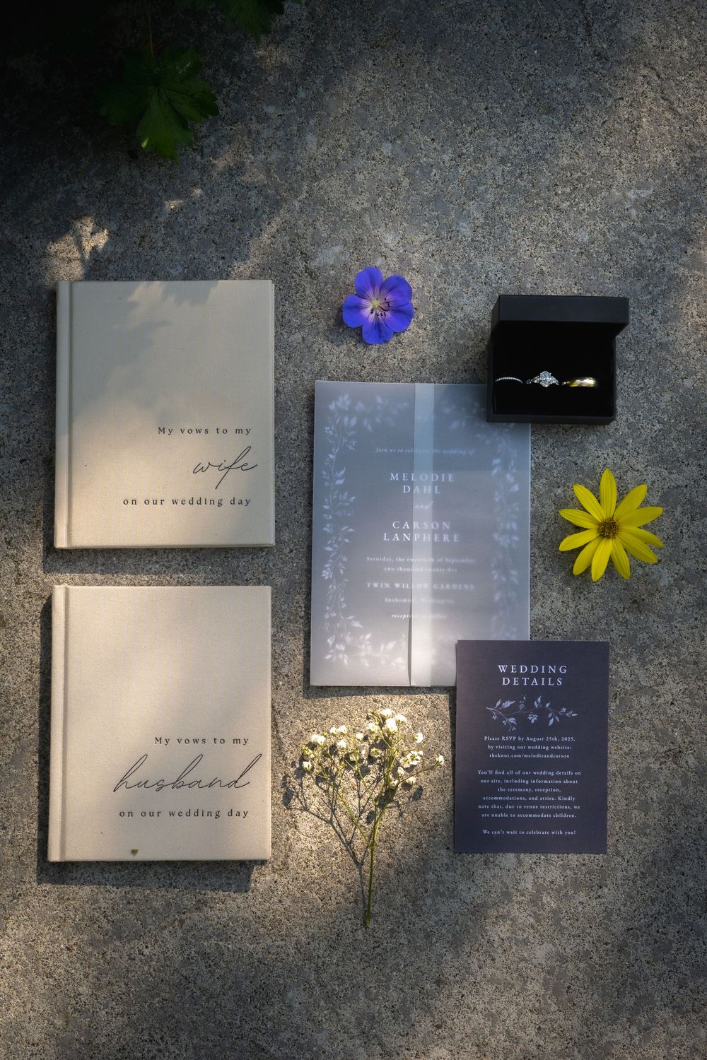 Wedding stationery flatlay featuring navy blue invitations, a ring box, and delicate flowers on a gray textured surface.