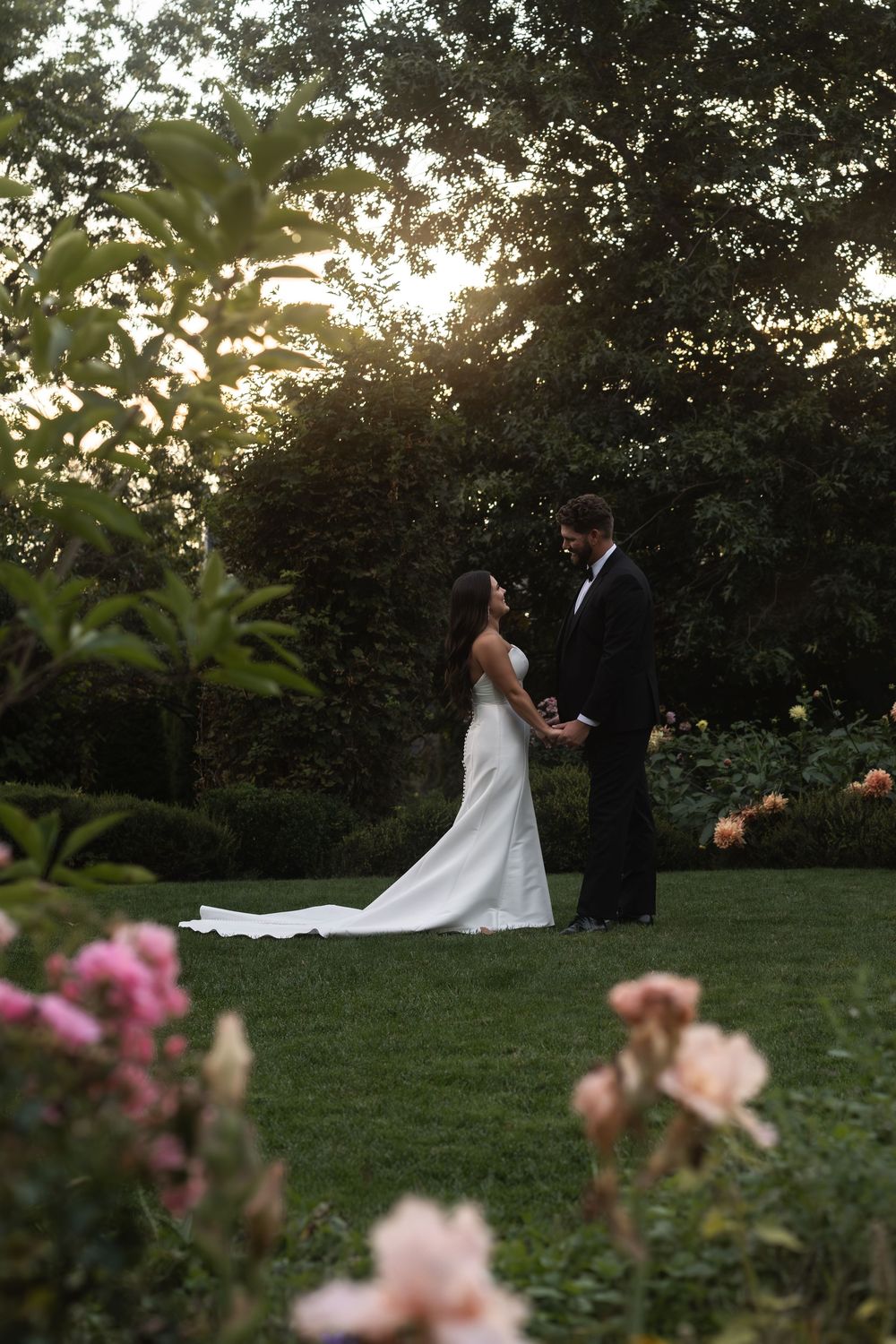 Pink roses bloom in the foreground of a sunset garden wedding scene.