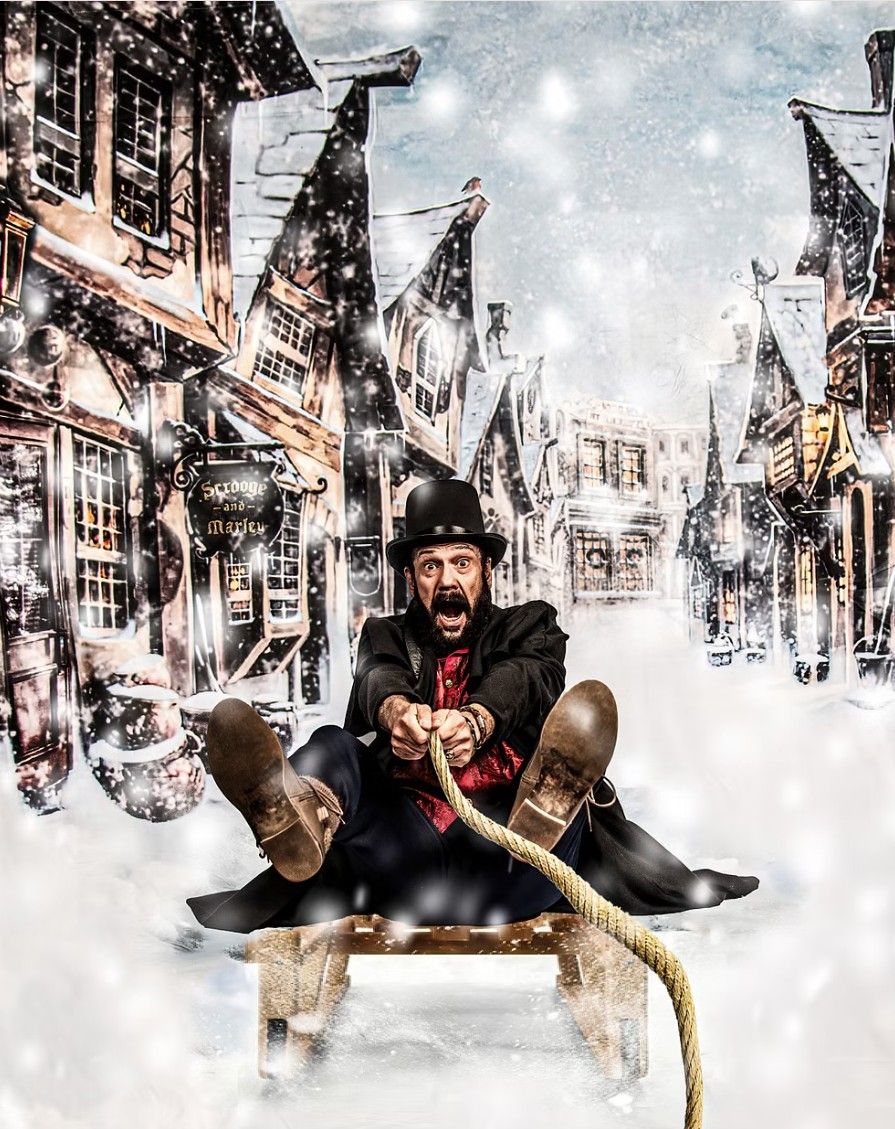 Steampunk-themed winter scene with boots, top hat, and decorative elements against a snowy backdrop.