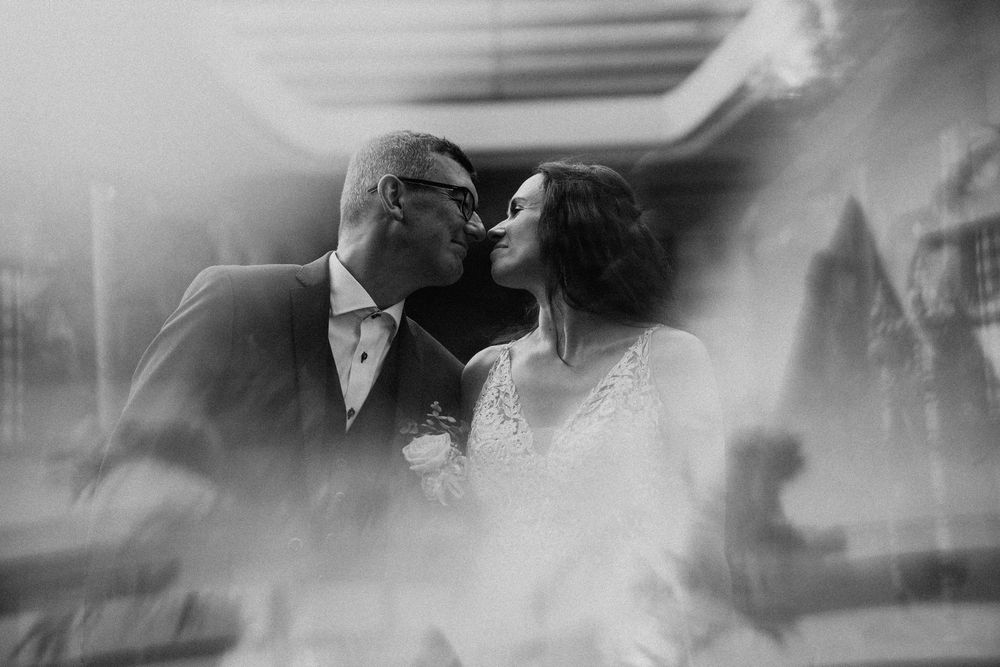 Ethereal black and white wedding photographs with soft focus and artistic blur effects.