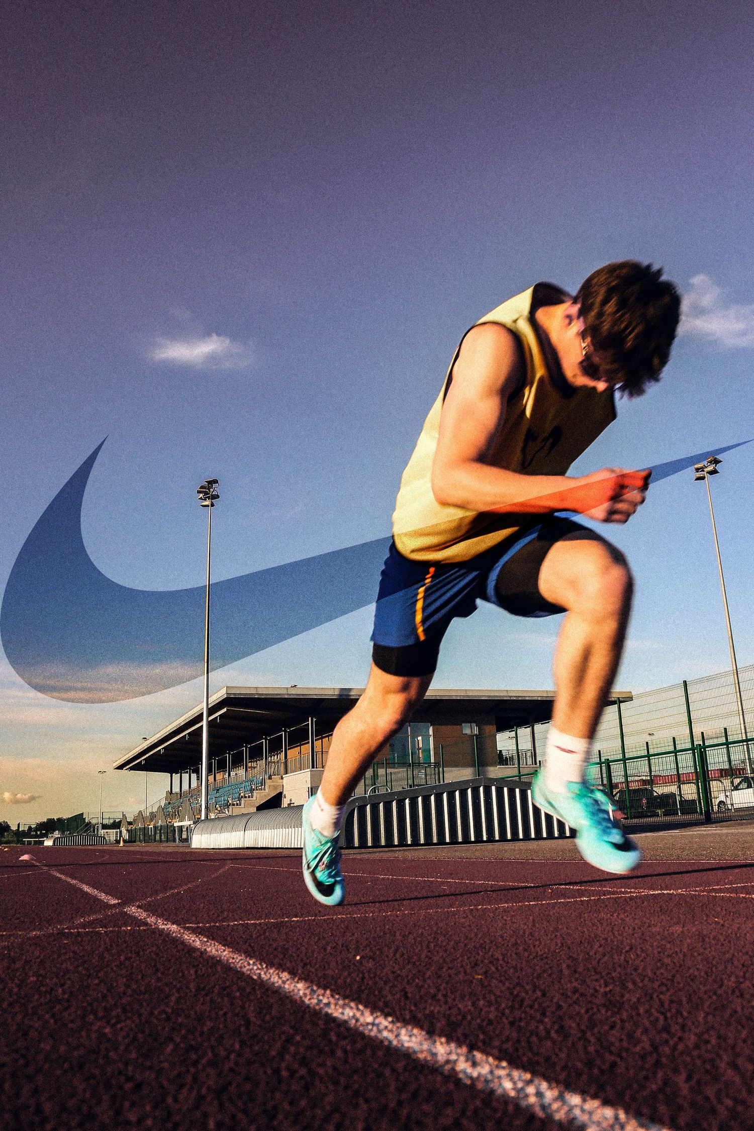 Sequential photos show an athlete performing explosive sprinting starts on a red running track at sunset.