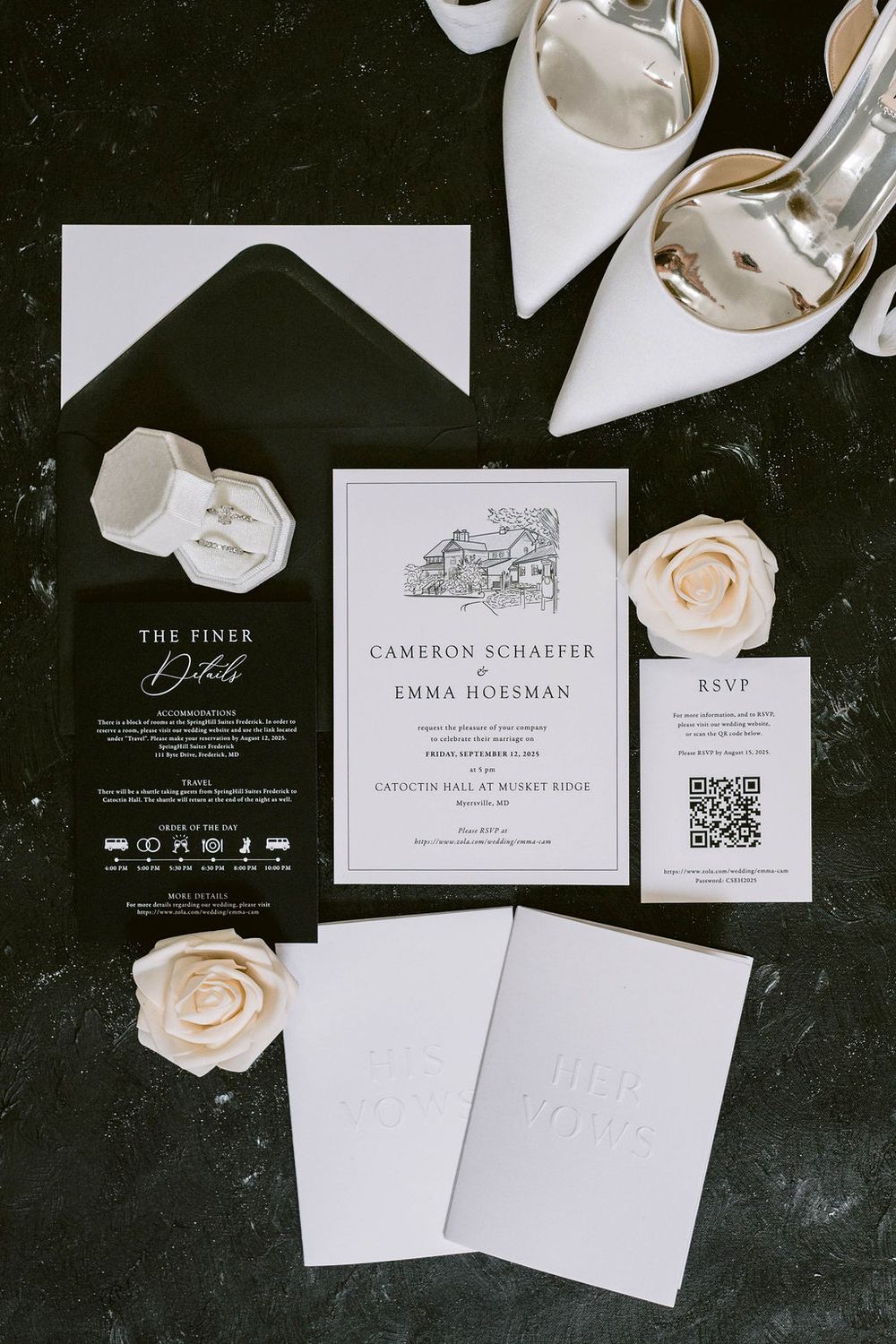 Elegant wedding invitation suite in black and white with white roses and bridal shoes on dark background.
