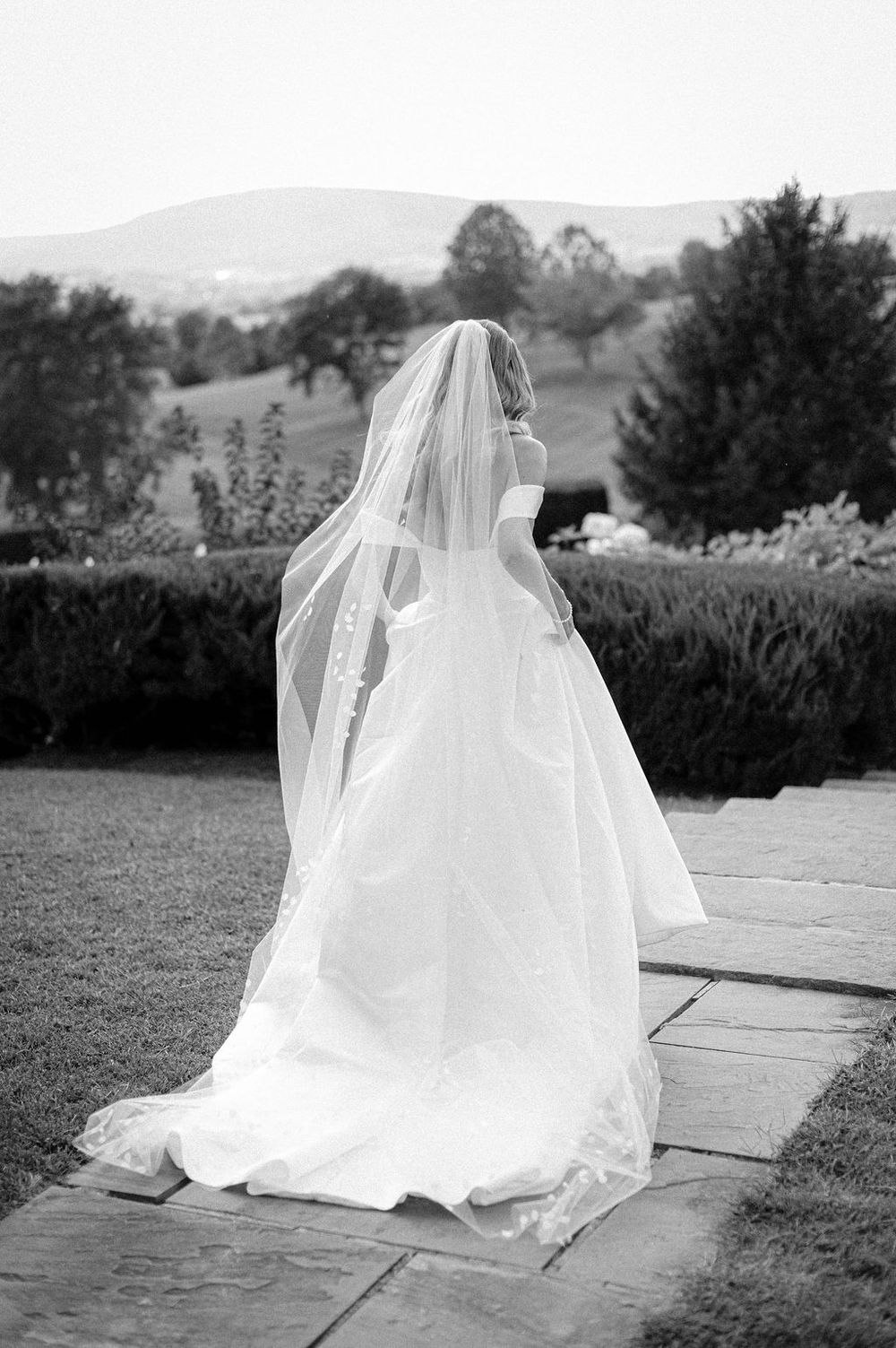 Elegant bride in flowing white gown and veil poses in a garden with rolling hills in the background.