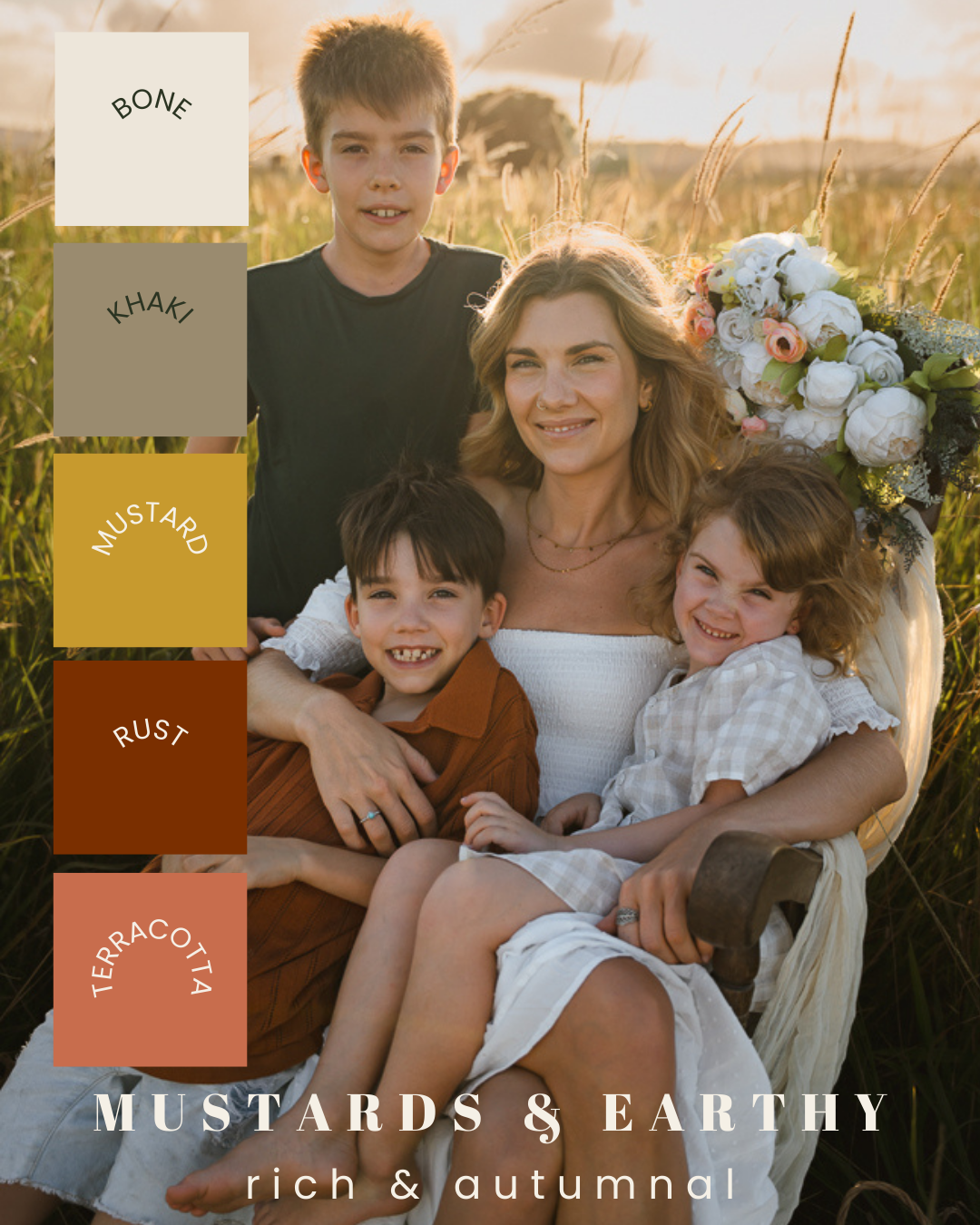 A series of design mockups showing warm earth-toned brand elements with text overlays against lifestyle photography.
