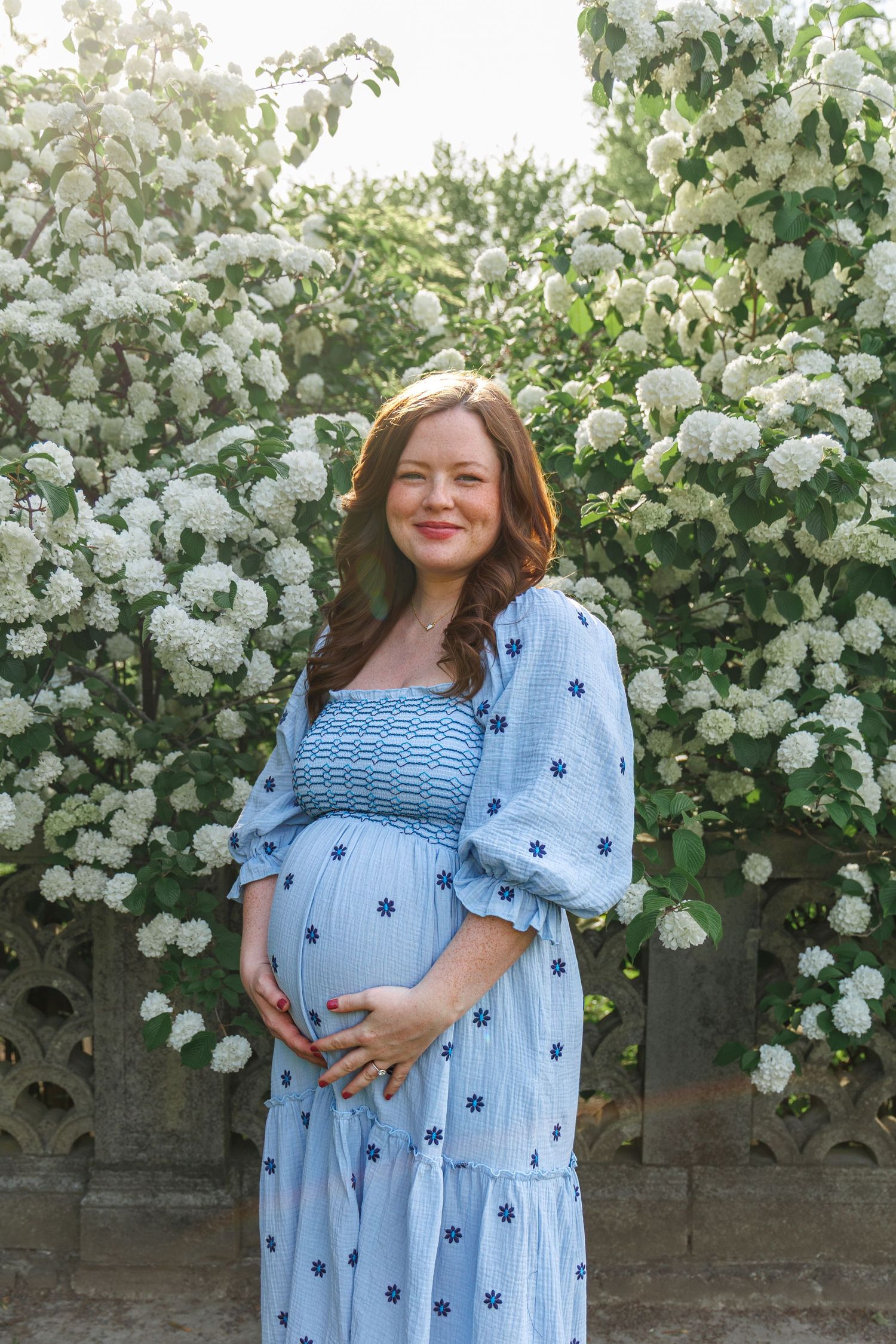 A blue floral maternity dress is showcased against a backdrop of blooming white flowers.