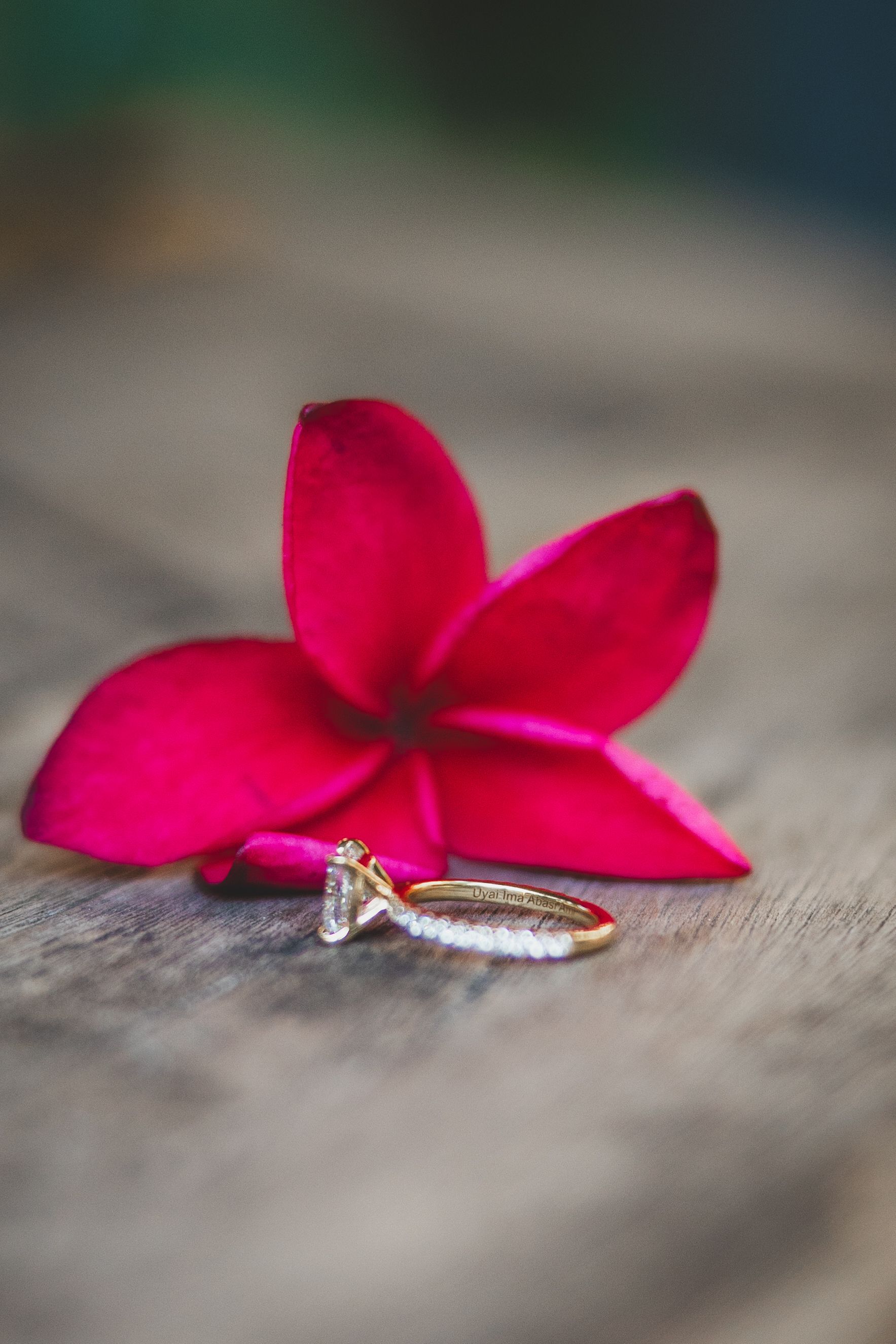 A vibrant red plumeria flower petal rests on a rustic wooden surface next to a delicate wedding ring.