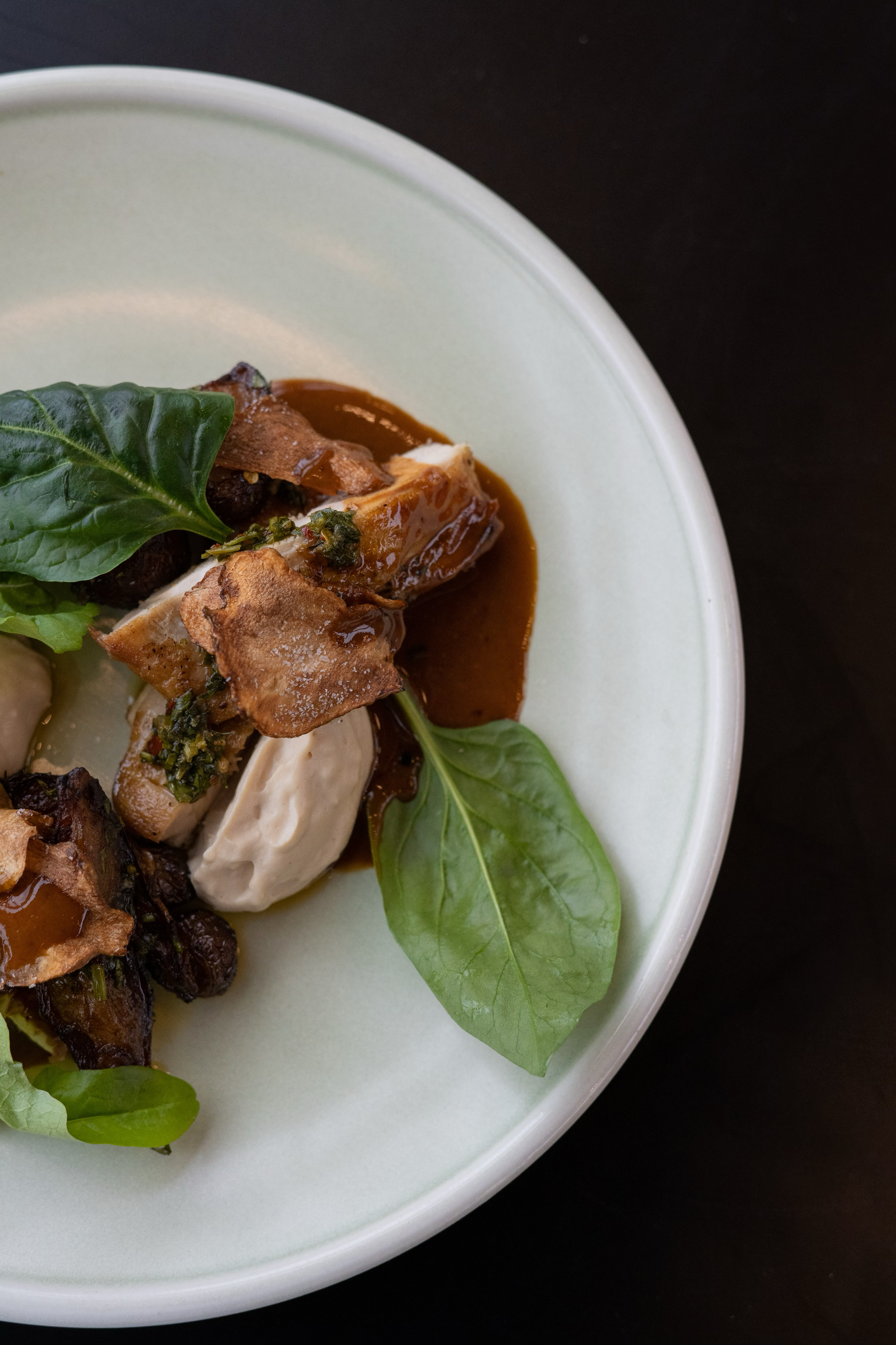 Braised meat dish with fresh spinach leaves and sauce on a white plate.