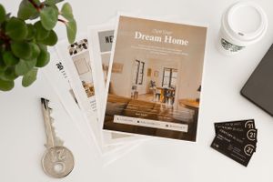 Flat lay of interior design materials including business cards and mood board samples.
