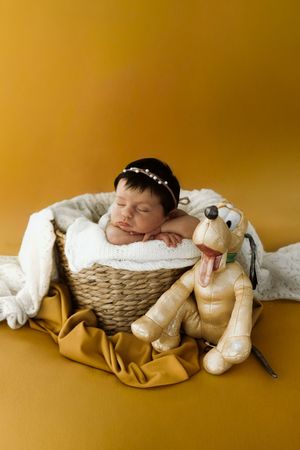 Fotografia newborn elaborata di una bimba che dorme appoggiata in un cesto sicuro con coperte calde e un pupazzo di Pluto.