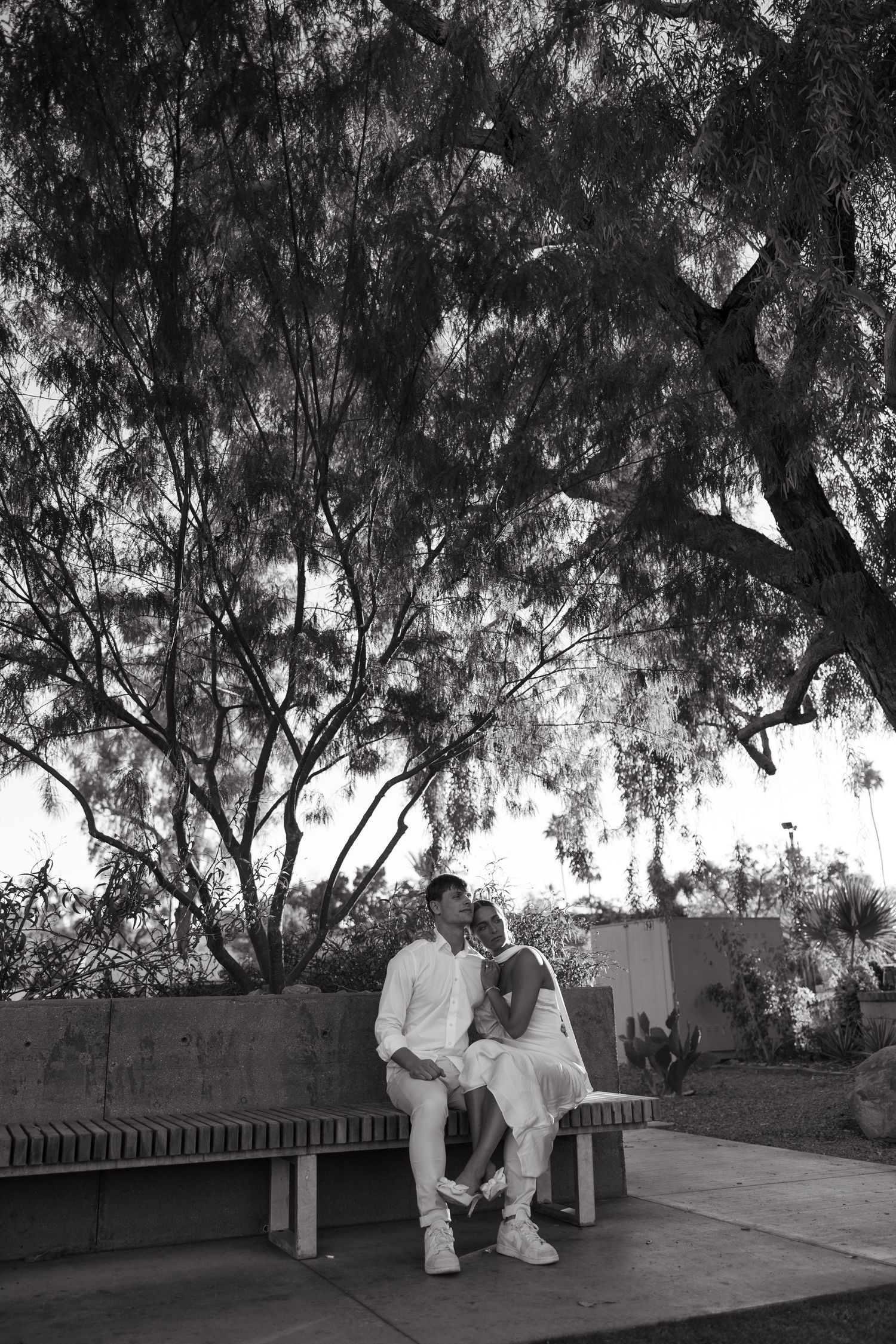 A couple in white outfits sharing an intimate moment on a bench under trees during sunset.