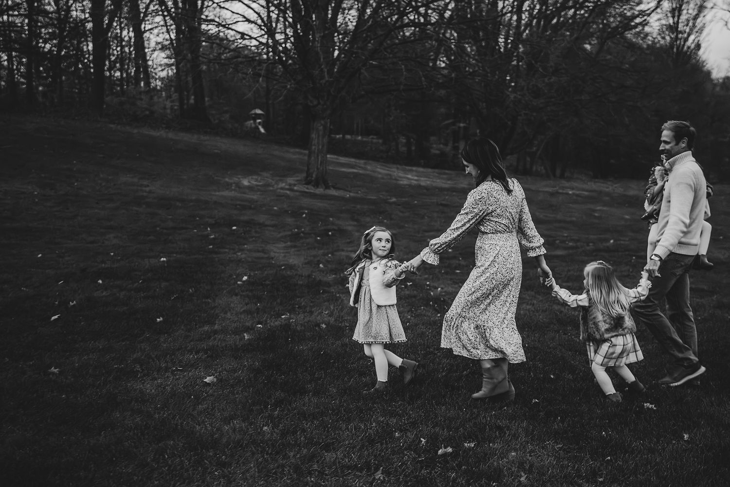 family, fall, lifestyle, walking, black and white, West Michigan