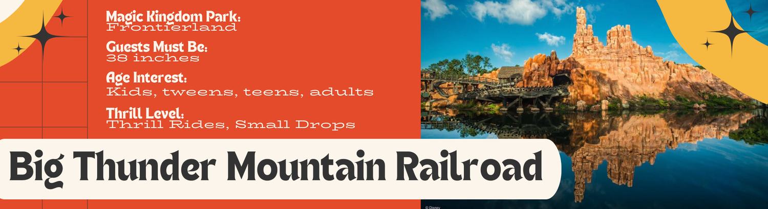 Disney thrill ride attraction sign with mountains and trains visible against a vibrant blue sky.