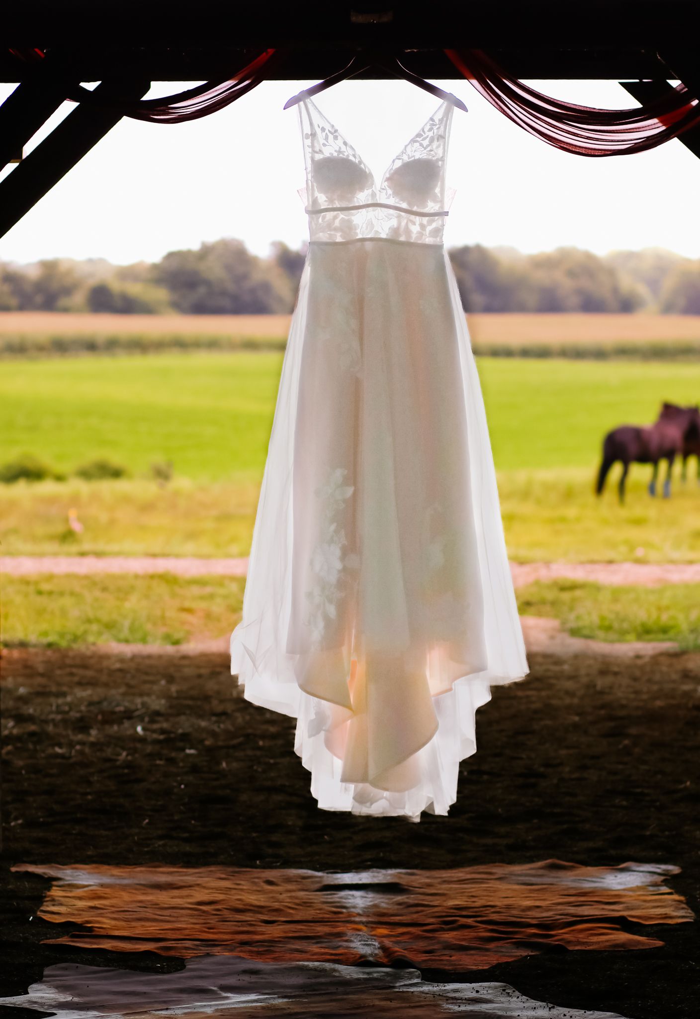 A white wedding dress hangs beautifully framed against a pastoral landscape with horses in the background.