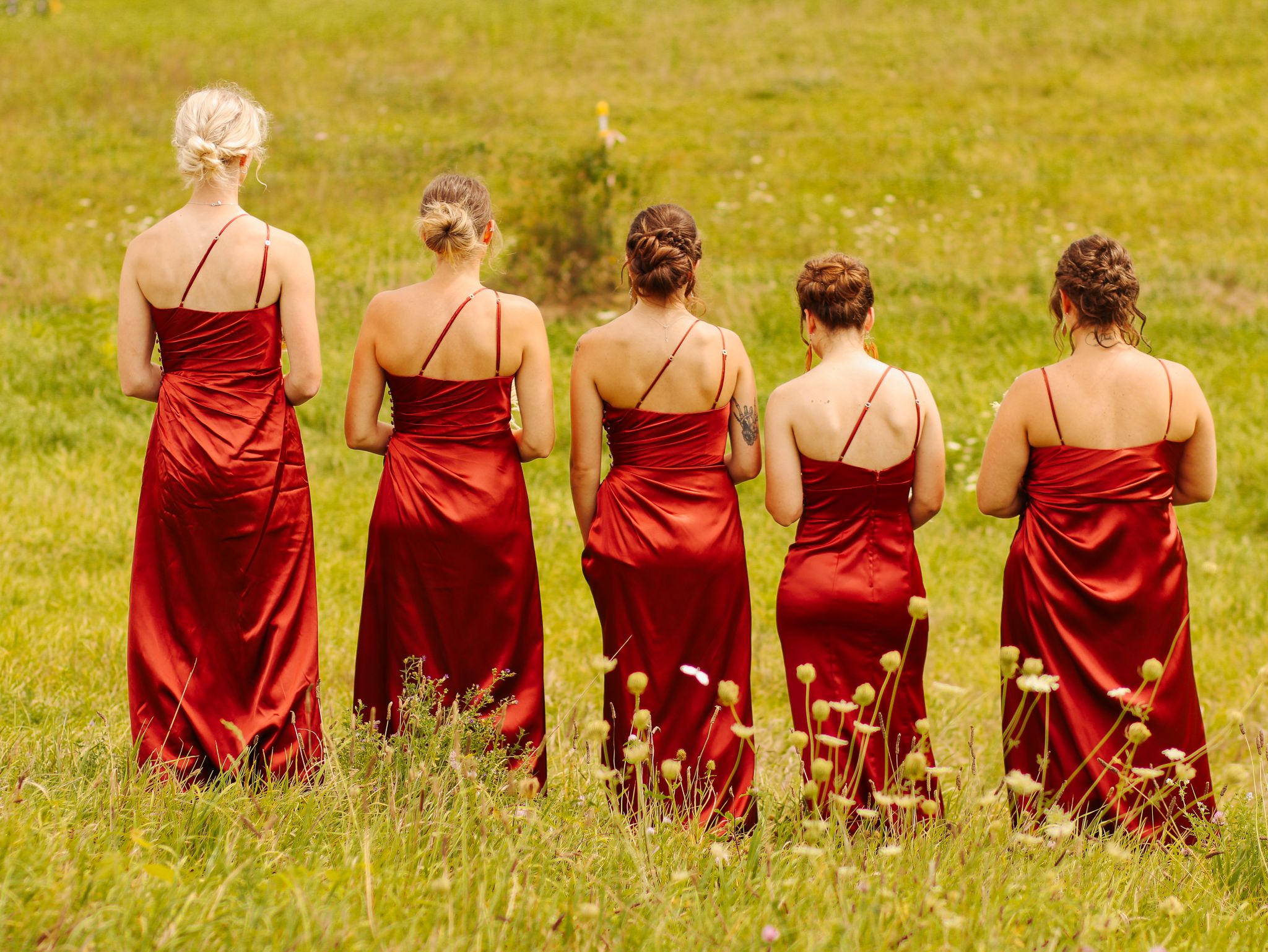 Five bridesmaids in matching red satin dresses stand in a row on green grass facing away from camera.