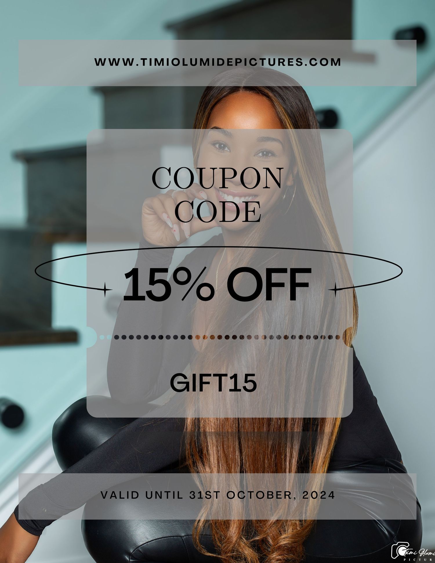 Promotional coupon code design offering 15% off with code GIFT15 valid until October 2024.