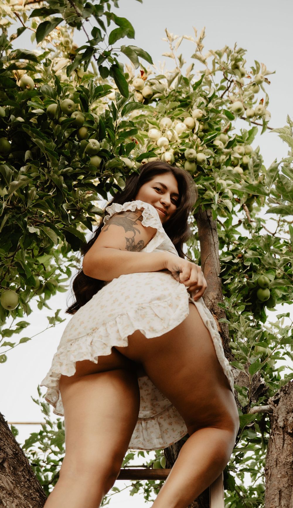 Backyard Utah photoshoot with cottagecore vibes. Apple Picking female model with a bright and airy vibe.