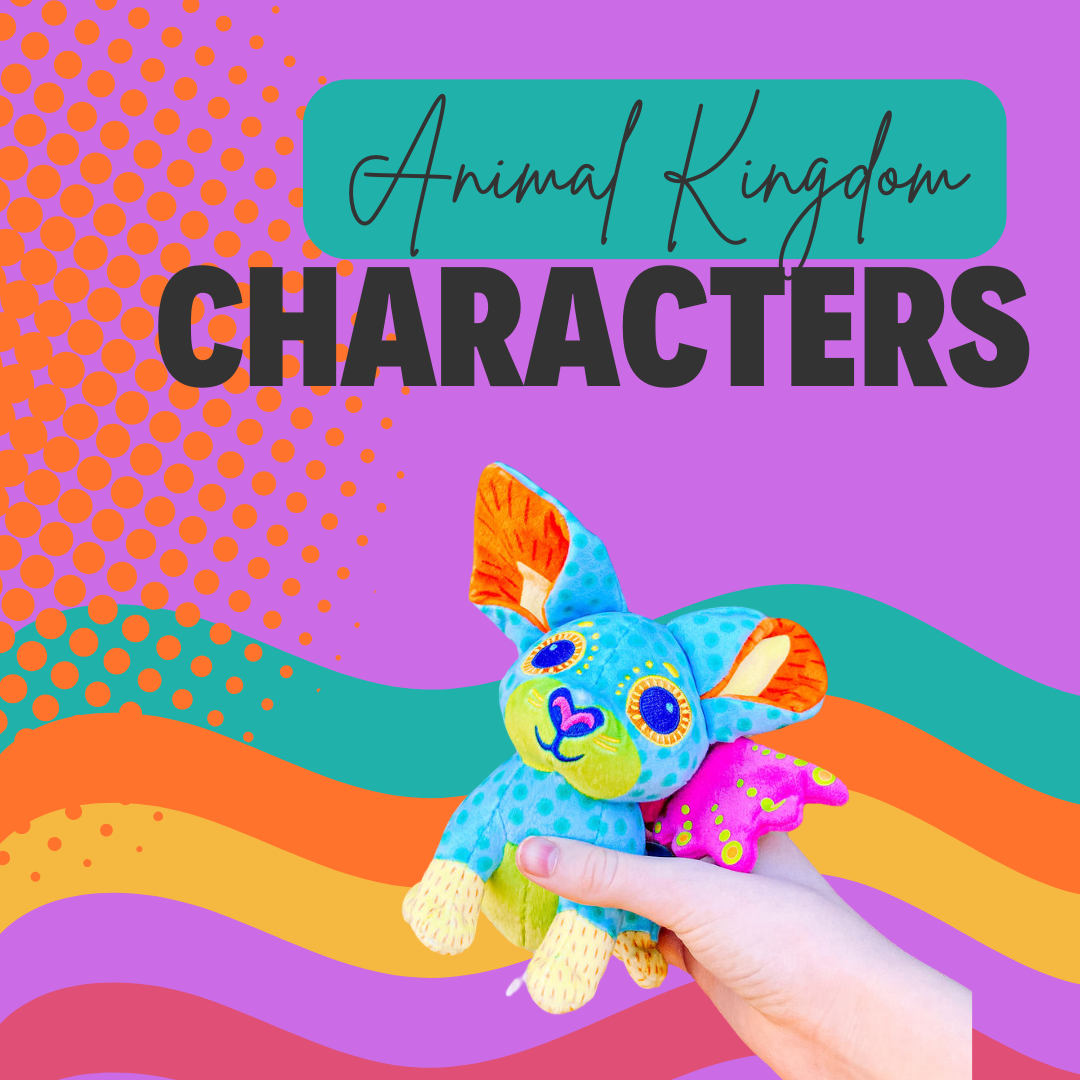 Stylized cartoon animals against vibrant purple and turquoise backgrounds with wavy design elements.