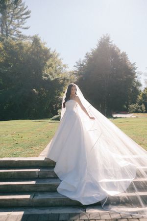Bride in flowing white ball gown and veil standing on stone steps outdoors, surrounded by lush green trees on a sunny day.