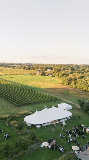 Aerial view of an elegant outdoor wedding reception tent beside a lush vineyard at golden hour.