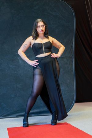 Woman in black crop top and sheer maxi skirt poses confidently on red carpet.