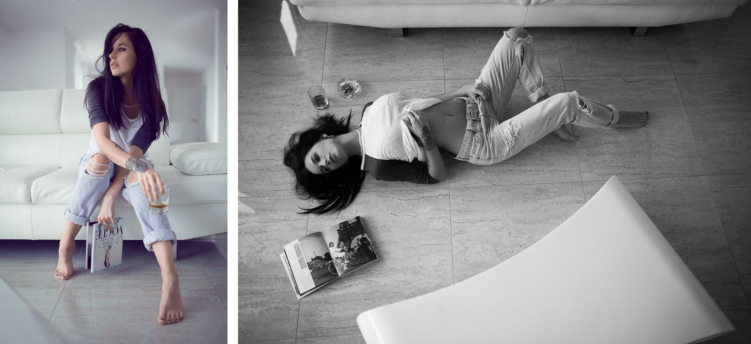 Black and white diptych of a woman posing by a white sofa and lying on the floor in casual jeans outfit.