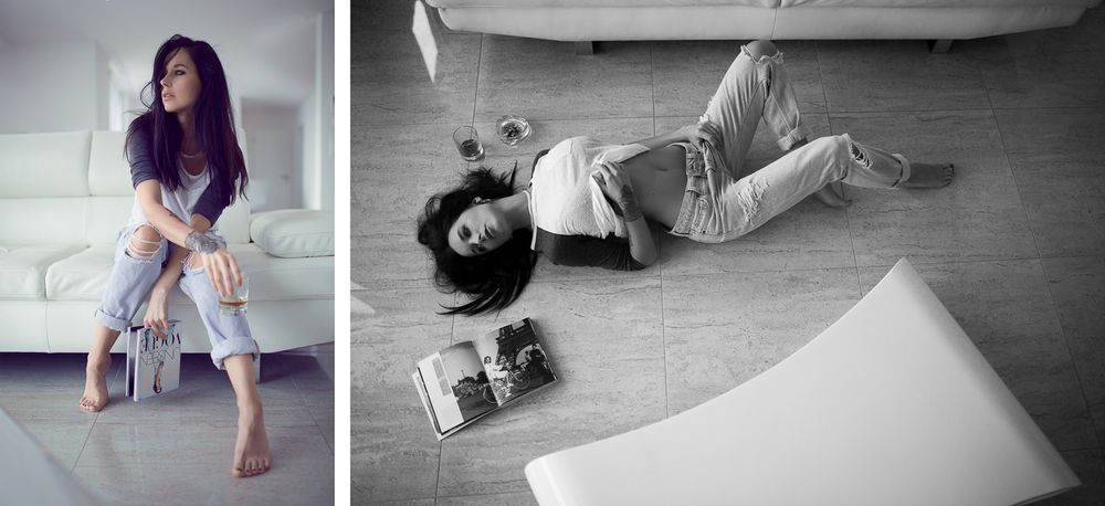 Black and white diptych of a woman posing by a white sofa and lying on the floor in casual jeans outfit.