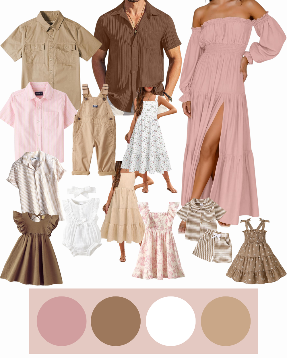 Family photo outfit coordination featuring neutral tones in pink, tan, brown, and white clothing for adults and children.