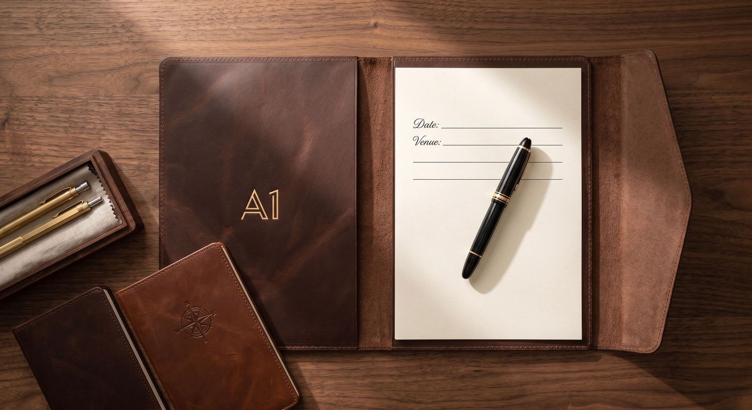 Personalized brown leather portfolio with gold monogram A1, open to reveal a notepad and pen on a wooden desk.