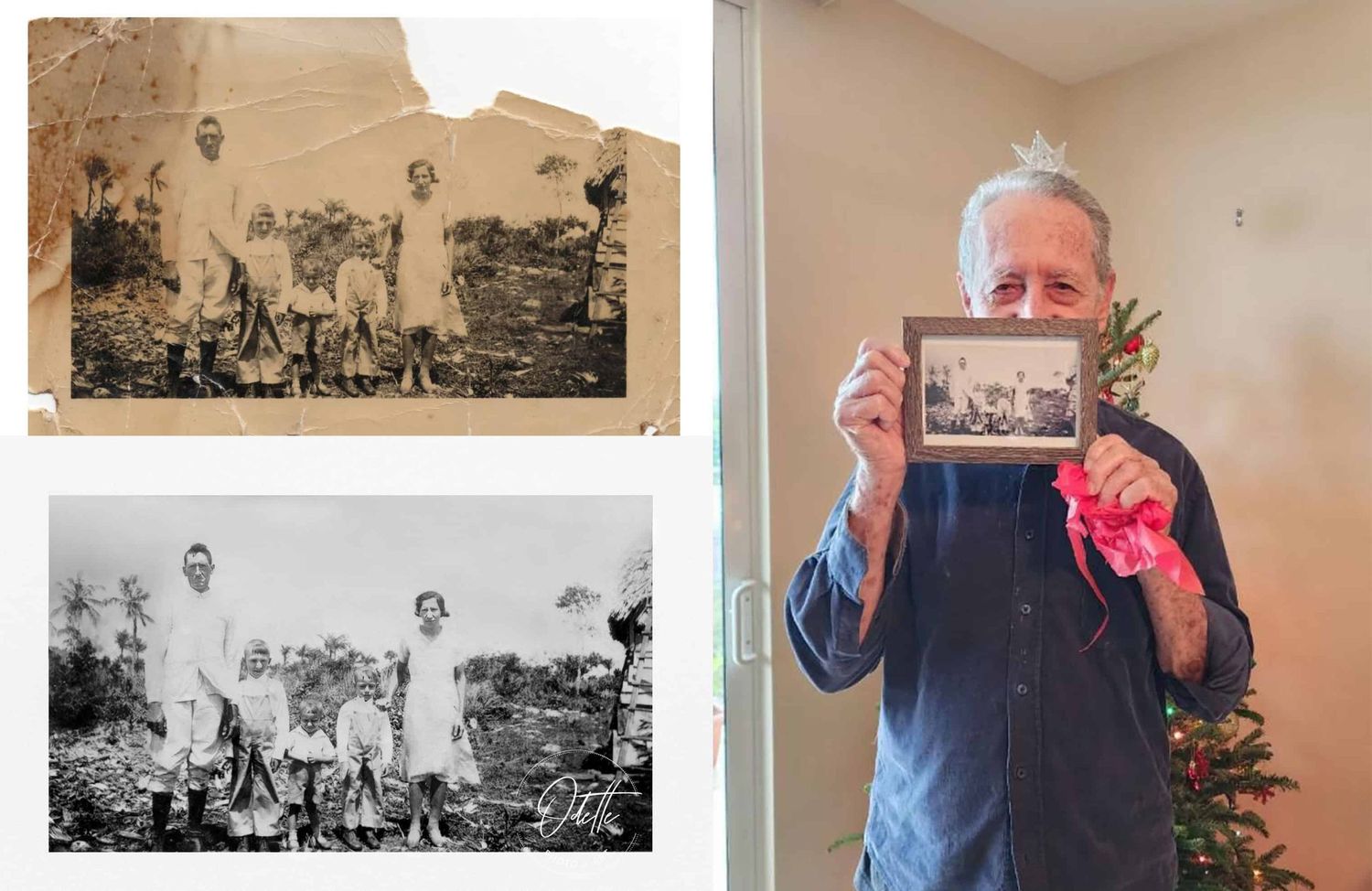 Client holding restored photo as part of legacy photo restoration experience in Miami