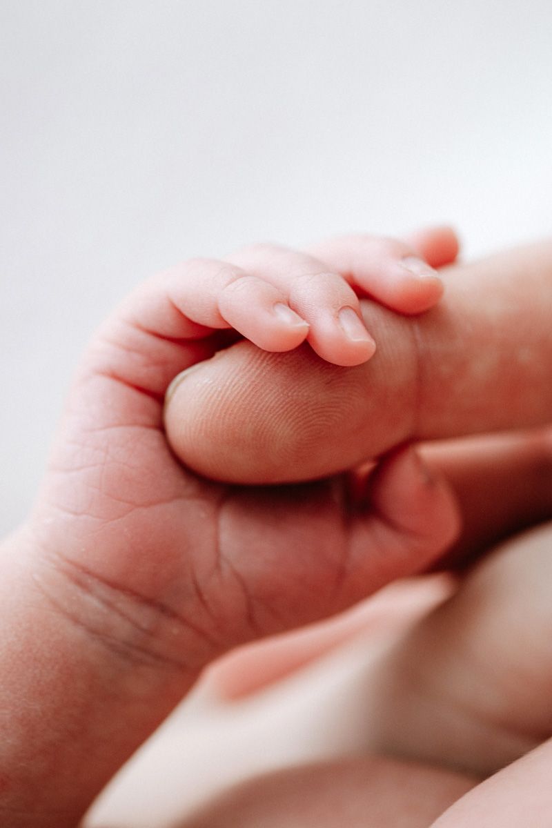 A close-up view of a tiny baby's hand gently holding an adult's finger against a soft white background.