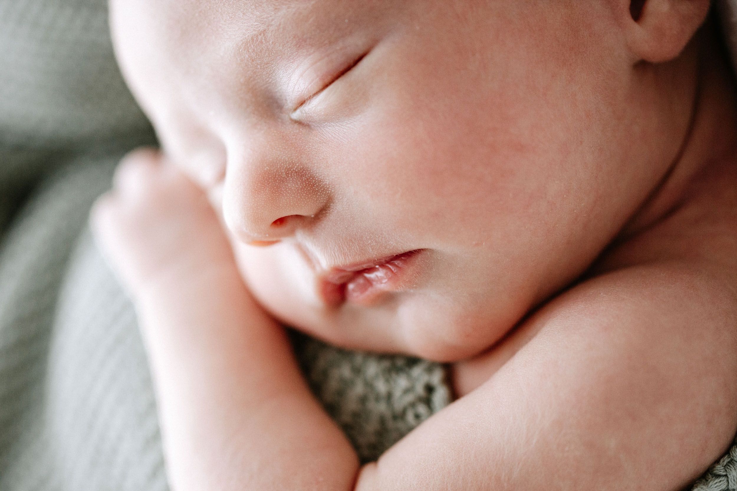 Peaceful sleeping newborn baby with soft rosy cheeks rests in cozy blankets newborn photoshoot in Nottingham