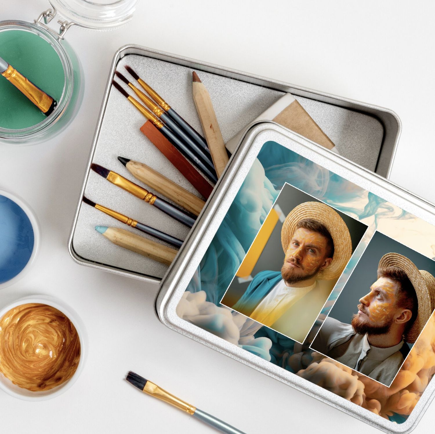 Personalised metal photo box used for storage on a light-colored desk. Custom photo gifts.
