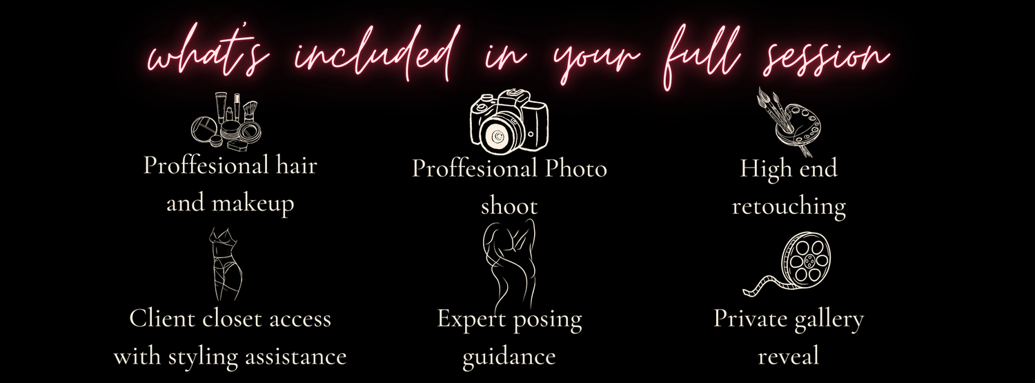 Professional photography session advertisement showing included services with pink text.