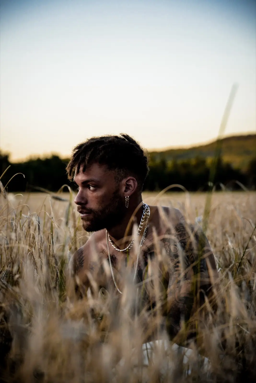 Portrait d’un homme assis dans un champ de blé, regard tourné vers l’horizon au coucher du soleil.