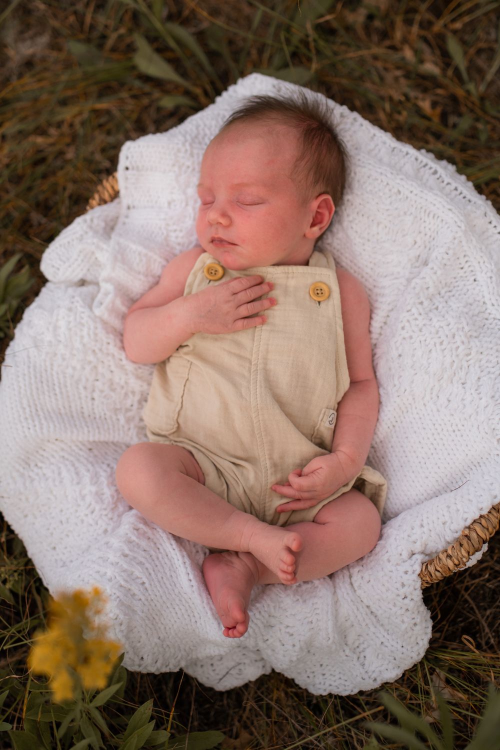 Peaceful newborn portrait in beige outfit sleeping on white lace blanket outdoors.
