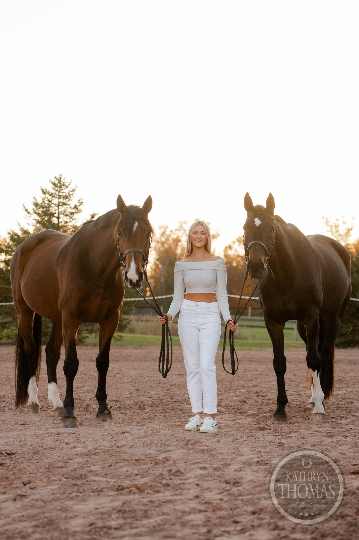 A person in white stands between two majestic horses in an outdoor arena.