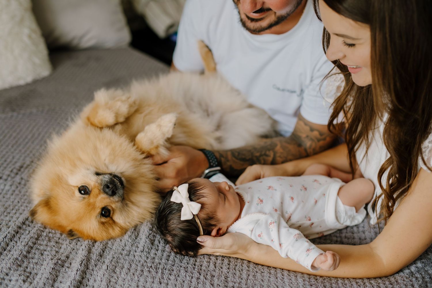 Family relaxing with their fluffy dog and baby on a gray couch.