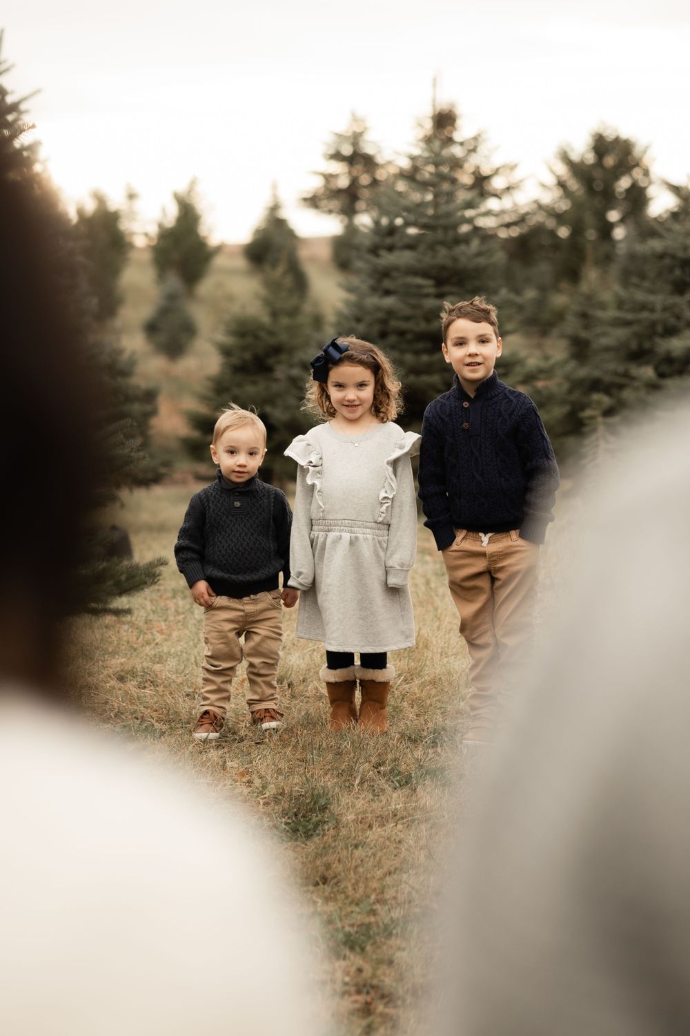 Three children dressed in casual fall attire pose together among evergreen trees at sunset.