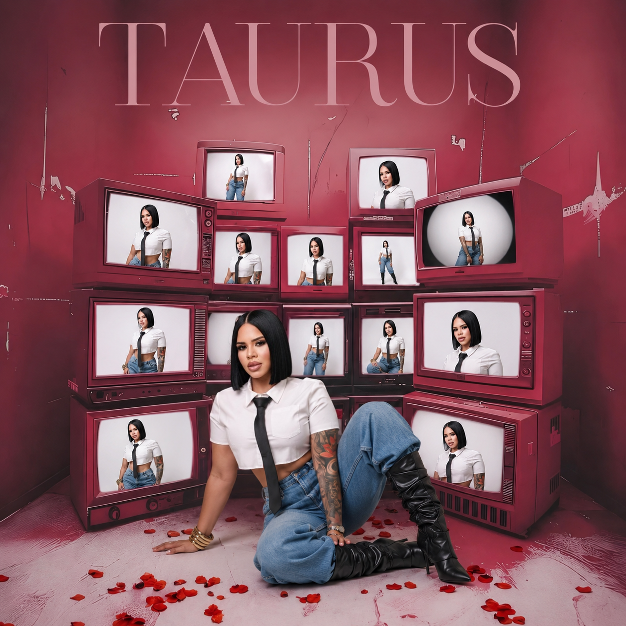 Woman poses before stacked vintage TVs displaying her image under TAURUS text on pink background.