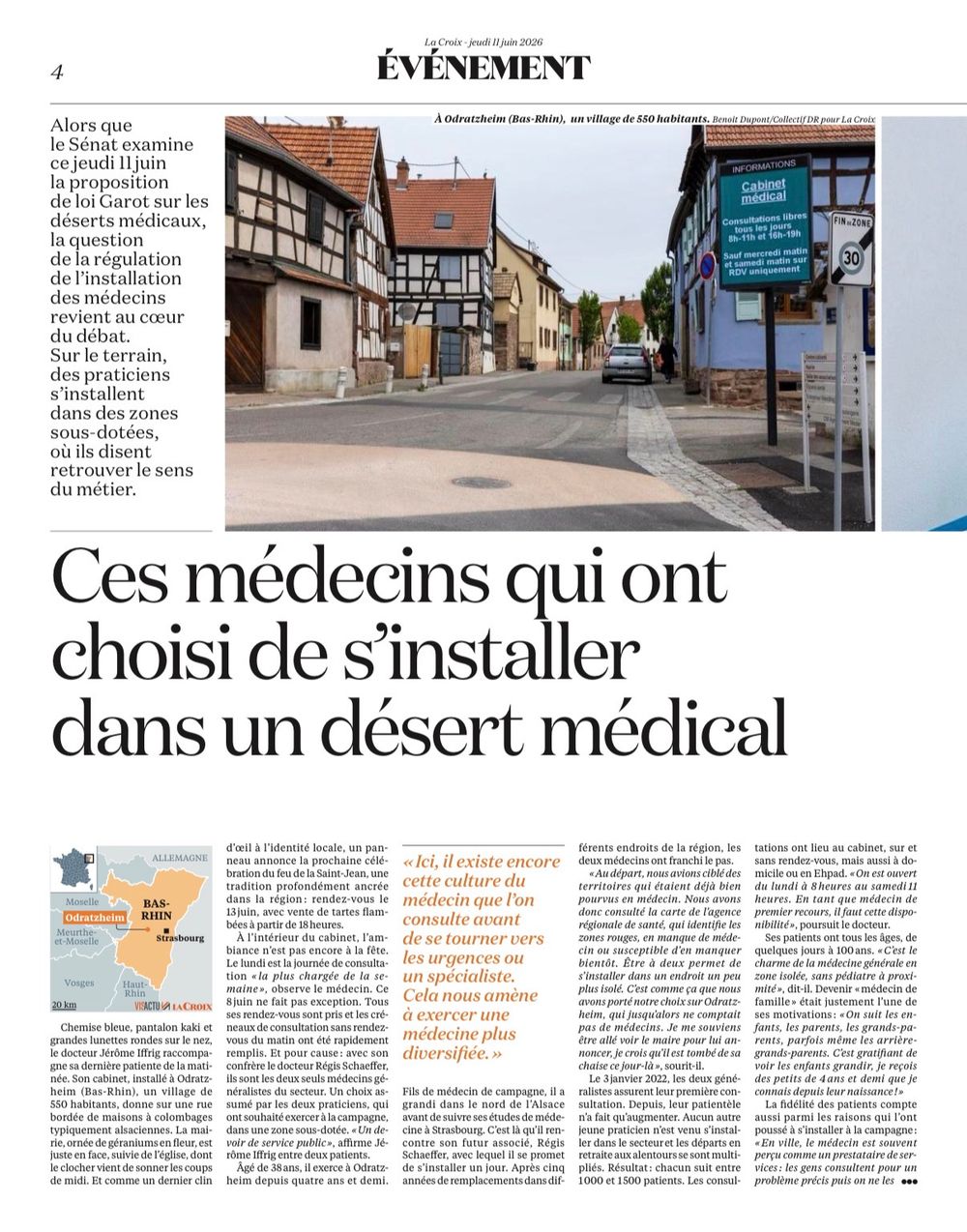 French village street with half-timbered houses and a medical office sign in a rural medical desert area.