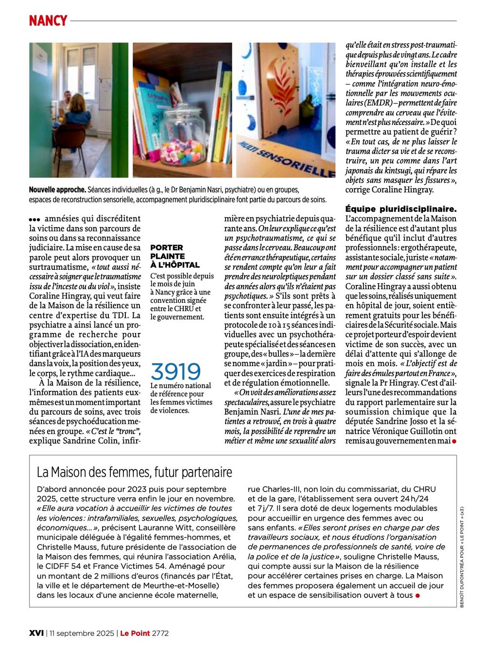 A layout of magazine pages showing multiple columns of French text and small photos in a newspaper or editorial format.