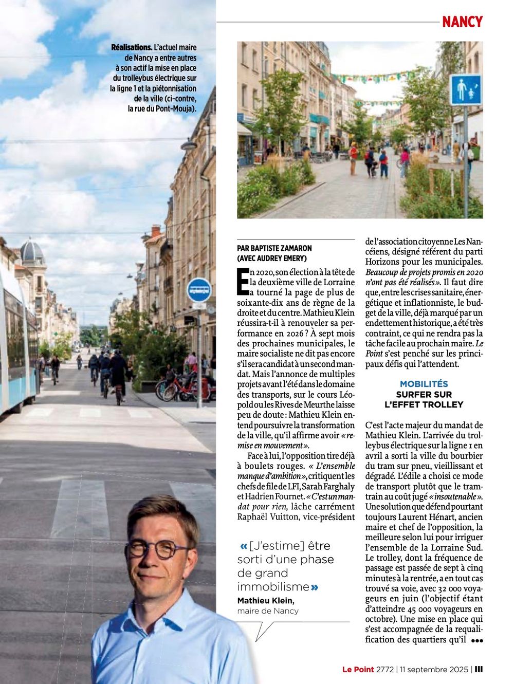 A magazine layout spread showcasing urban streets and architecture with text overlays in French.