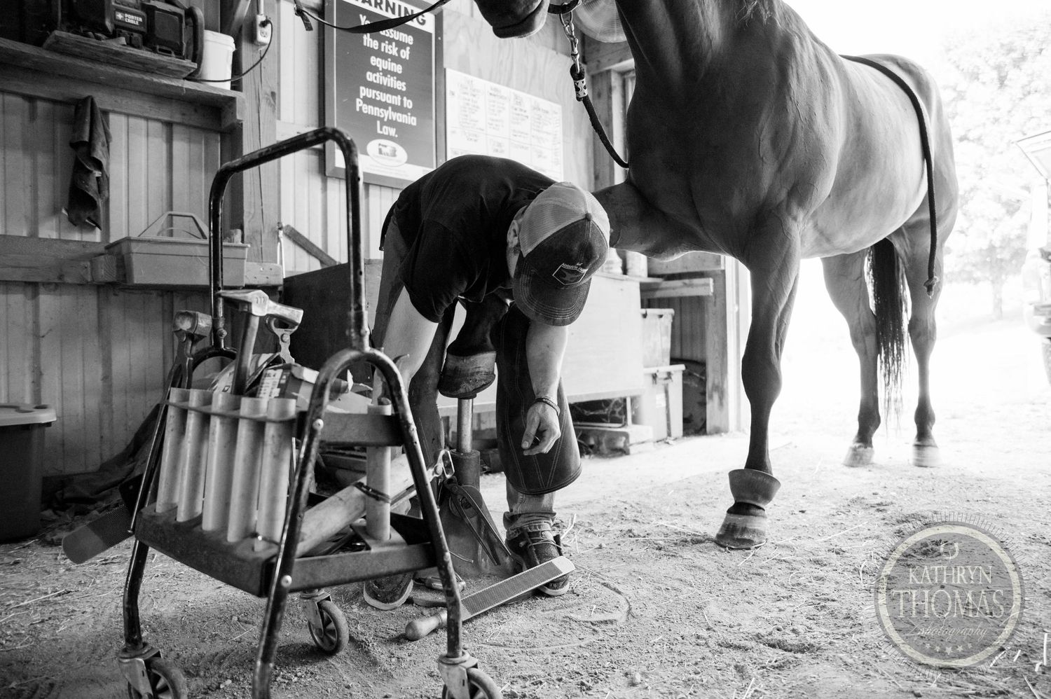 Black and white image of a farrier working with tools near a horse in a stable.