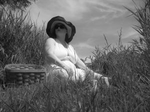 Black and white landscape with person carrying basket through wild grasses.