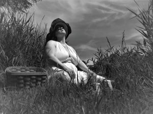 Figure reclining in tall grass beside wicker basket on sunny afternoon.