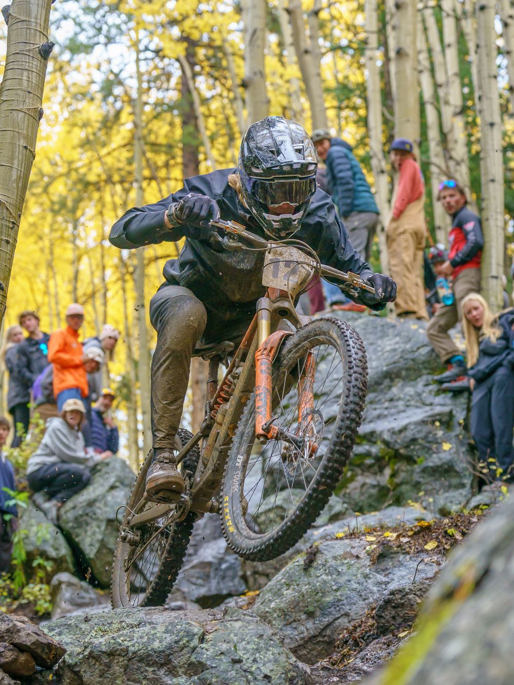 Mountain bikers racing over rocky terrain through an aspen grove during fall.