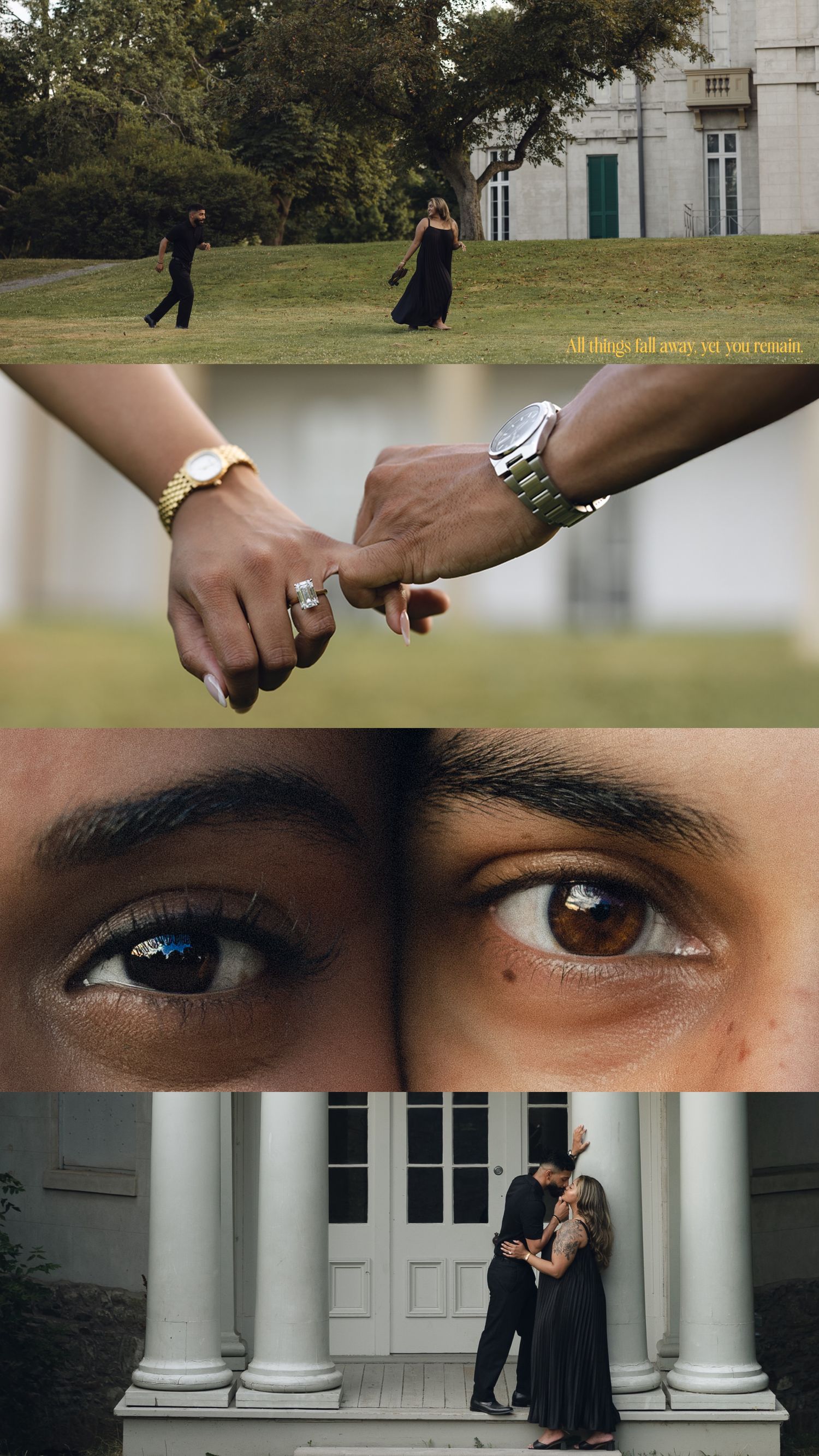 Engagement photo collage showing proposal, ring detail, and couple in white outfits in a garden setting.