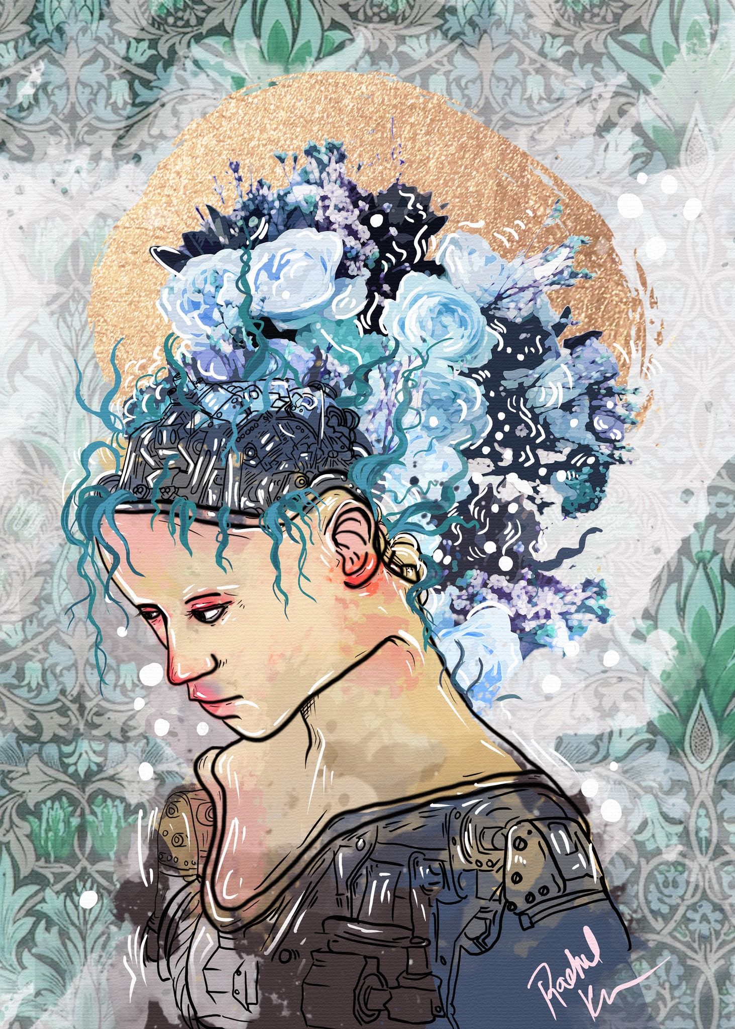 Artistic illustration featuring blue flowers adorning hair in gentle watercolor style with gold accents and dark clothing.