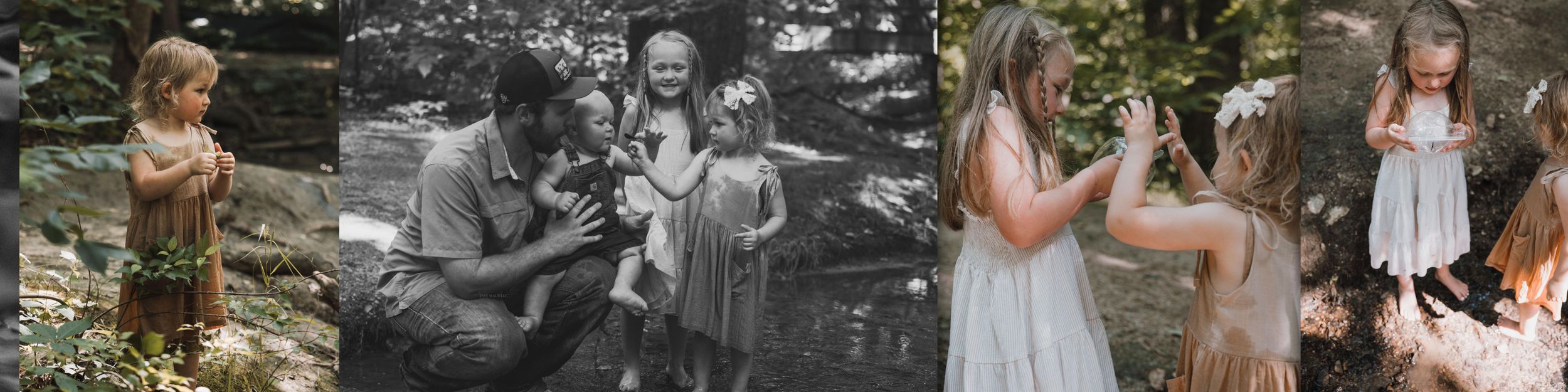 Grid of black and white and color wedding photos showing candid moments and outdoor celebrations.