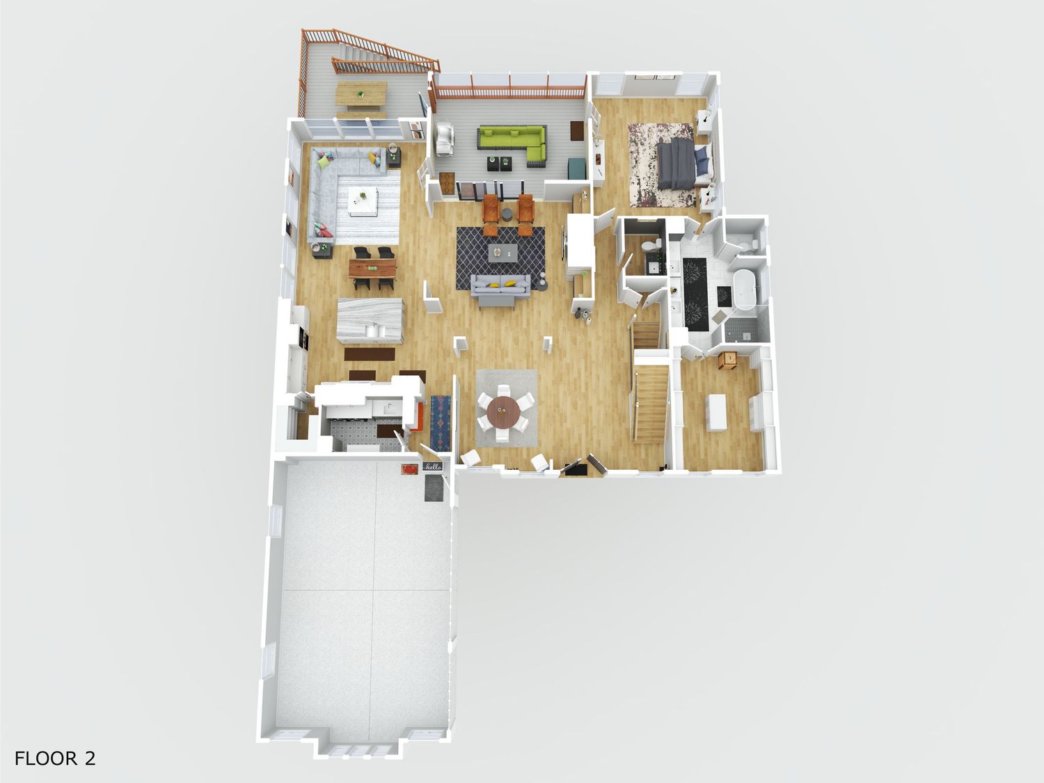 3D floor plan showing an open concept living space with attached garage, bedrooms, bathrooms and modern furnishings.